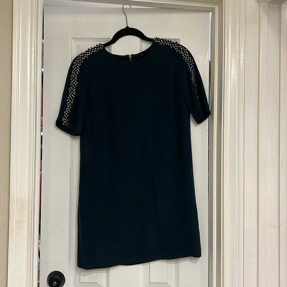 Club Monaco Dark Green Silk Shift Dress with Embellished Sleeves Sz 00